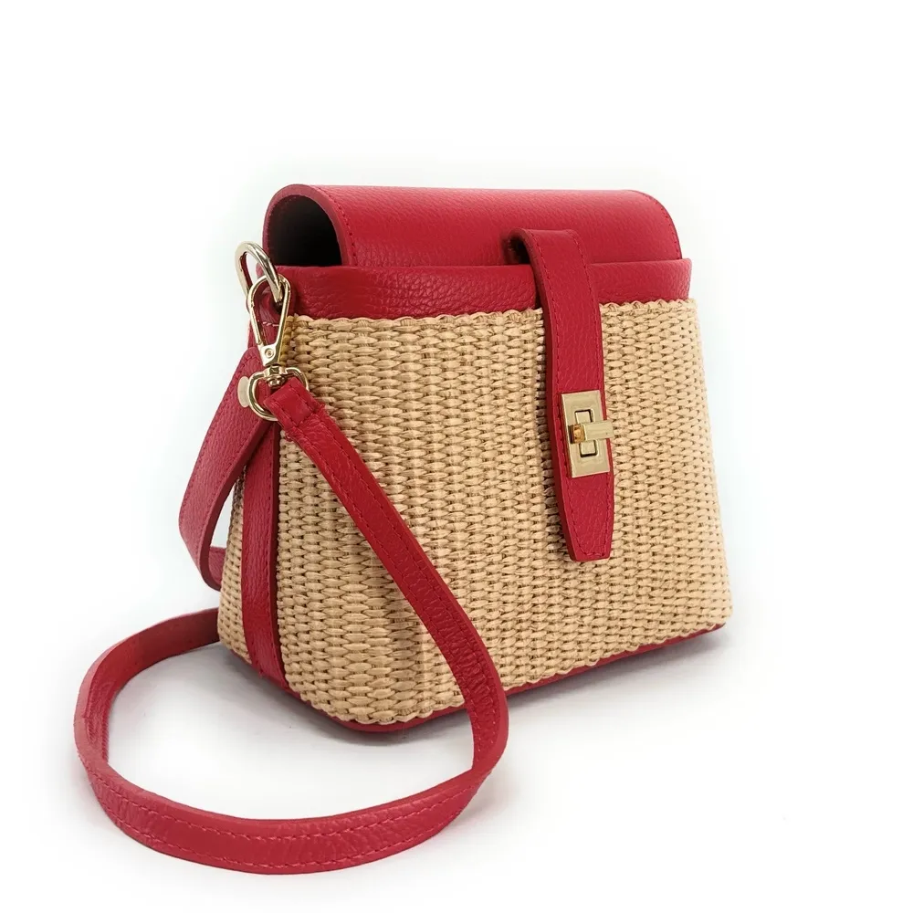 Mini-sac à main en cuir et raphia SIENNA Rouge magenta - Image 2