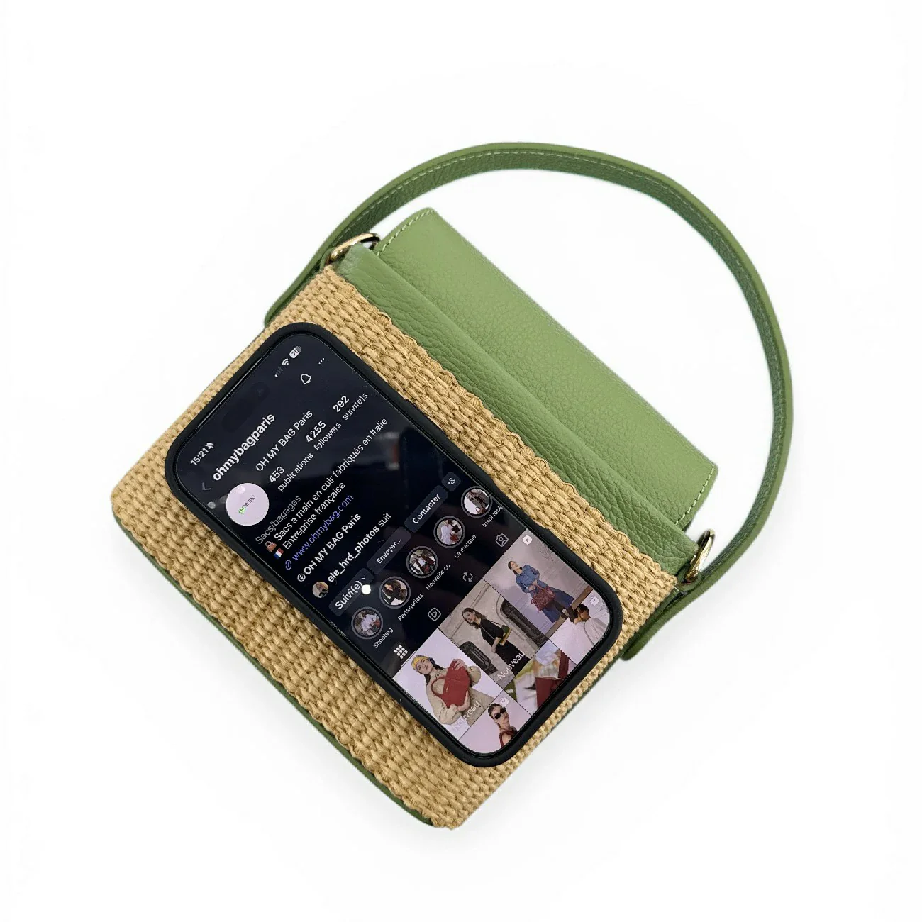 Mini-sac à main en cuir et raphia SIENNA Vert amande - Image 3