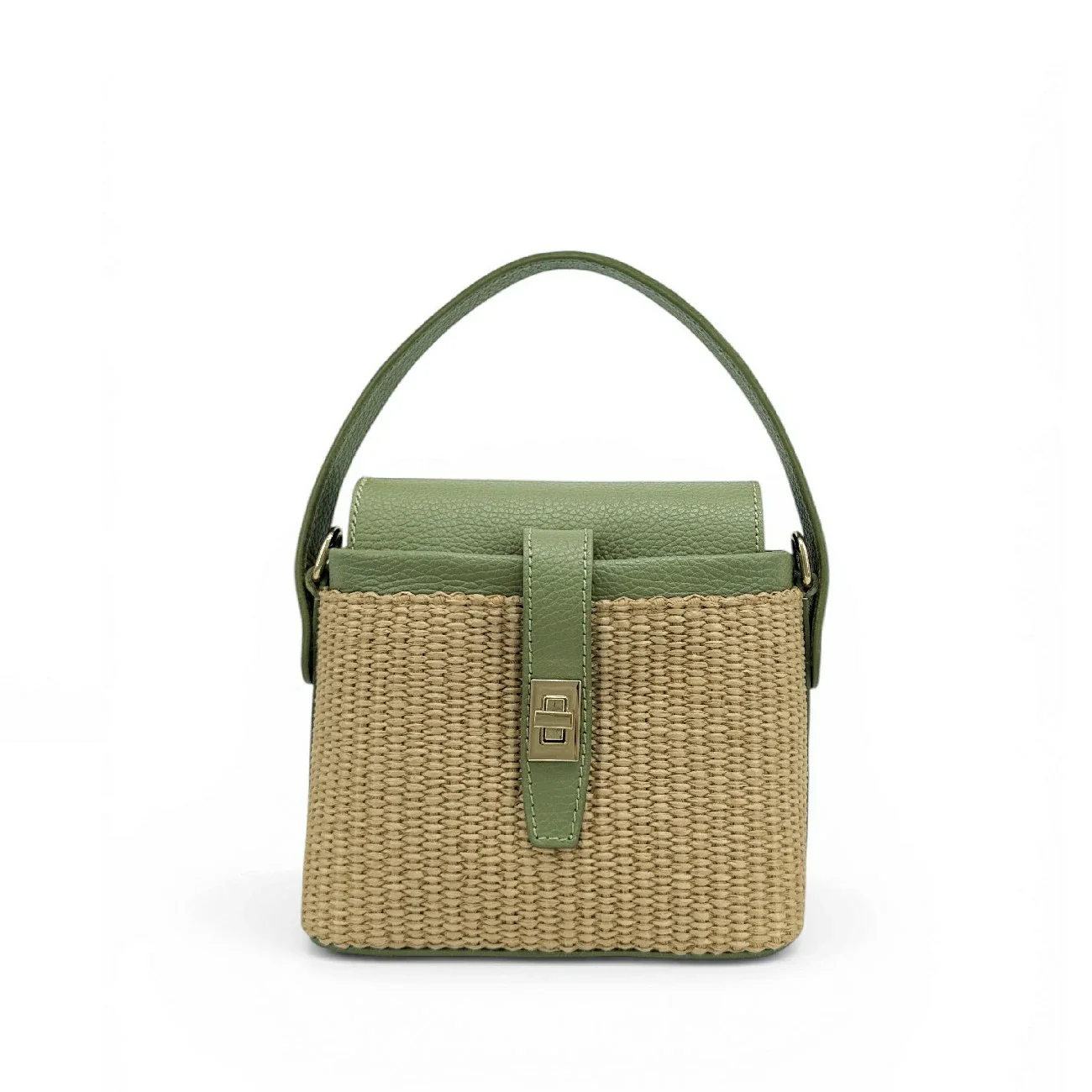 Mini-sac à main en cuir et raphia SIENNA Vert amande - Image 4