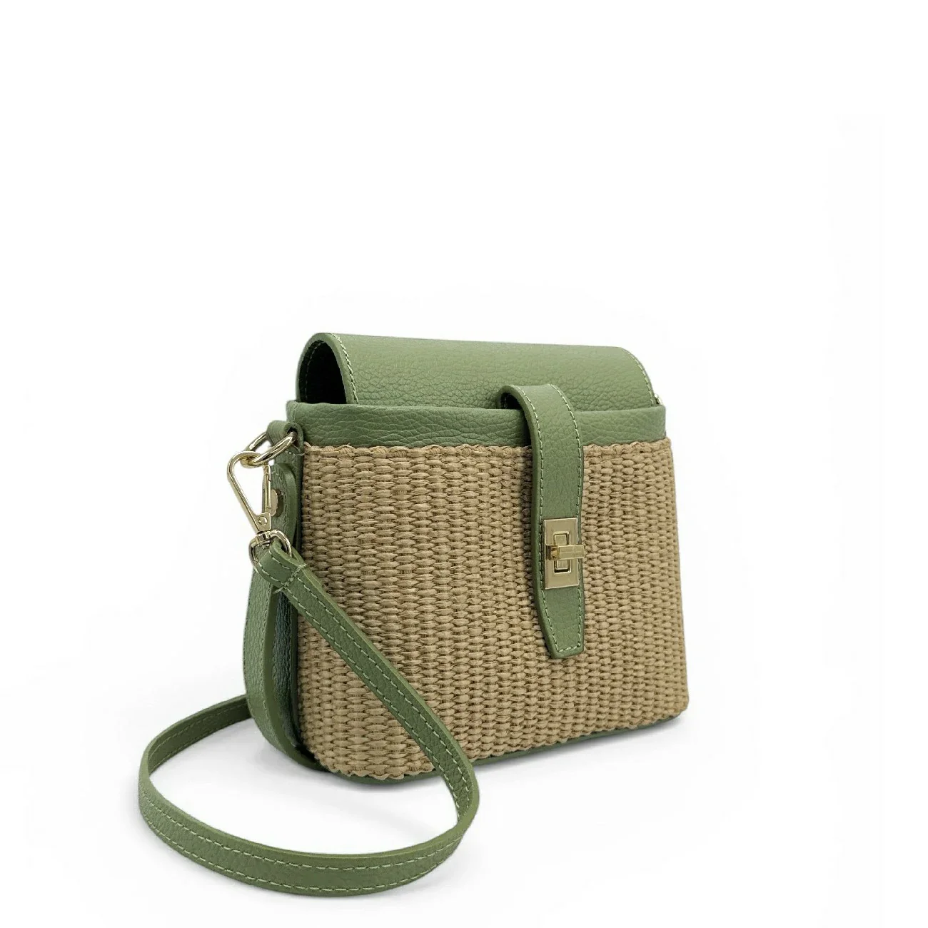 Mini-sac à main en cuir et raphia SIENNA Vert amande - Image 8