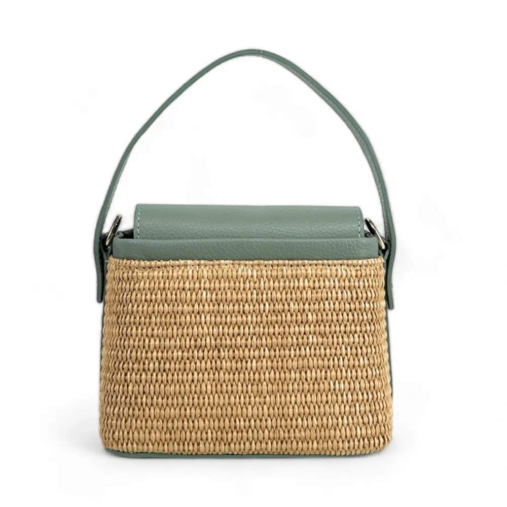 Mini-sac à main en cuir et raphia SIENNA Vert pastel - Image 10