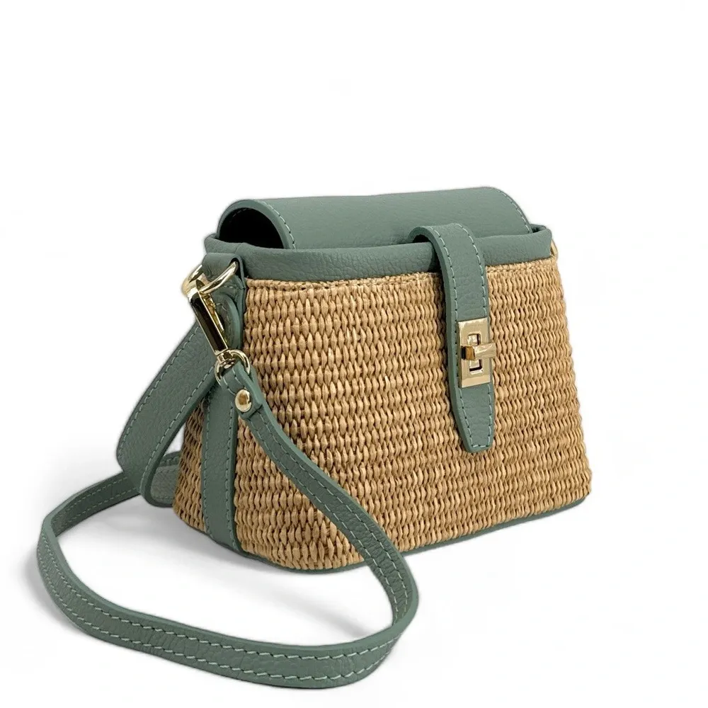 Mini-sac à main en cuir et raphia SIENNA Vert pastel - Image 3