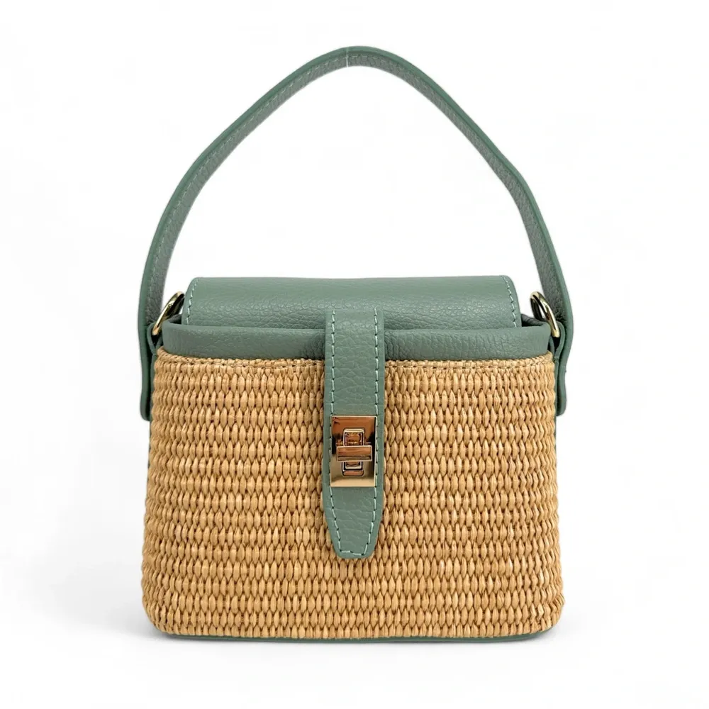 Mini-sac à main en cuir et raphia SIENNA Vert pastel - Image 4