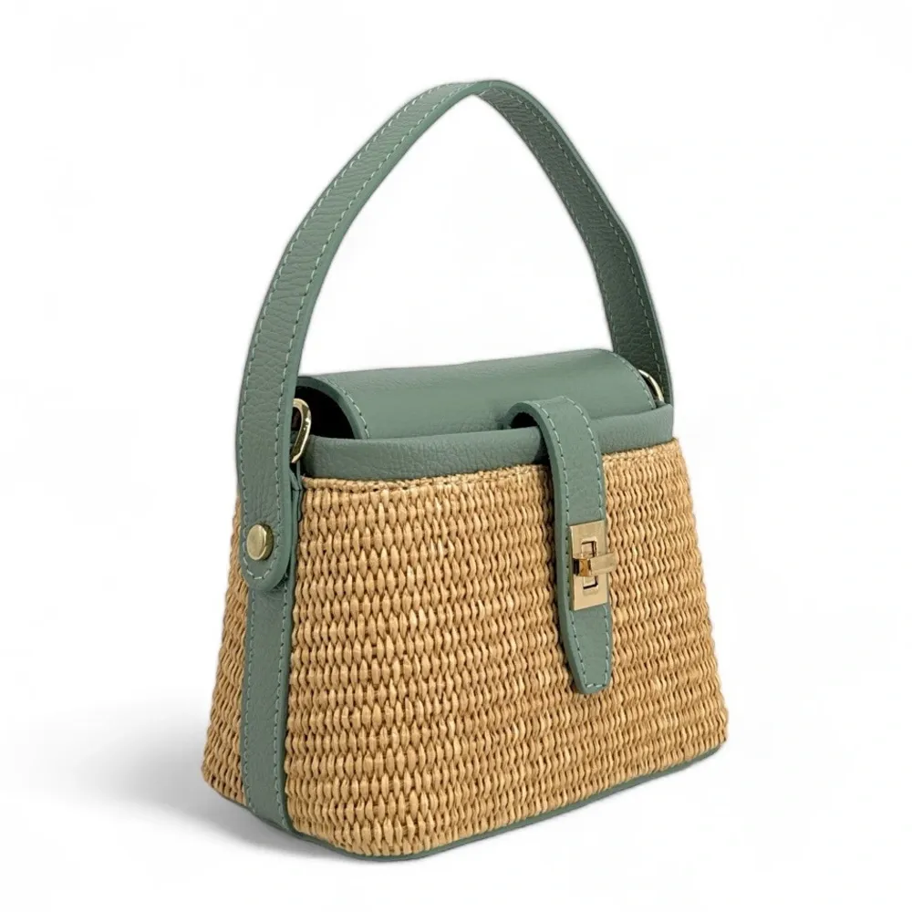 Mini-sac à main en cuir et raphia SIENNA Vert pastel - Image 5