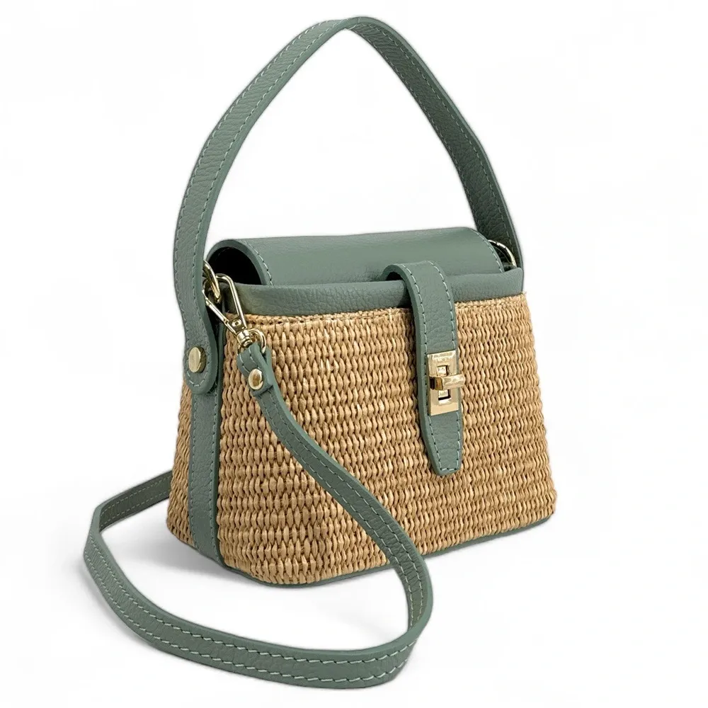 Mini-sac à main en cuir et raphia SIENNA Vert pastel - Image 6