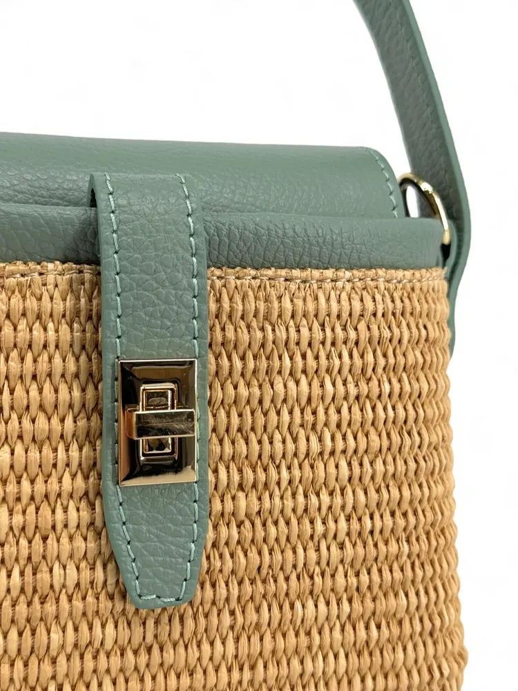 Mini-sac à main en cuir et raphia SIENNA Vert pastel - Image 8
