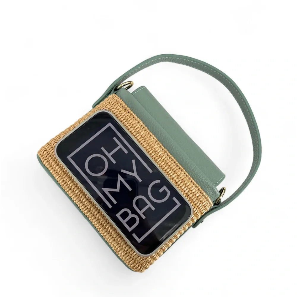 Mini-sac à main en cuir et raphia SIENNA Vert pastel - Image 9