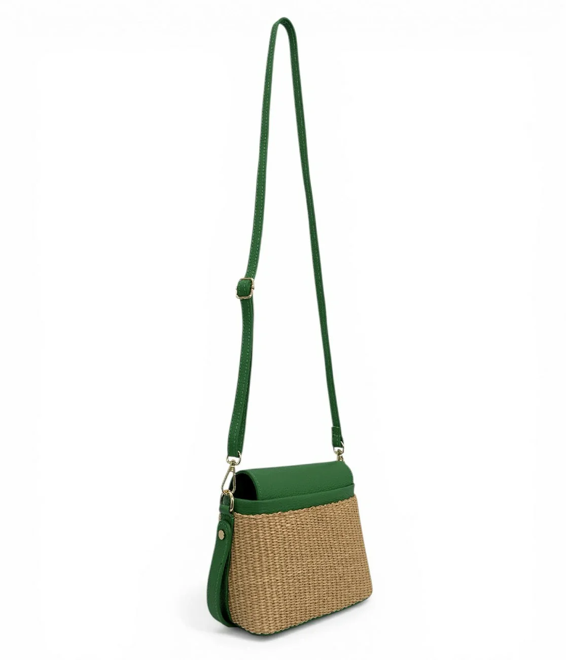 Mini-sac à main en cuir et raphia SIENNA Vert anglais - Image 4