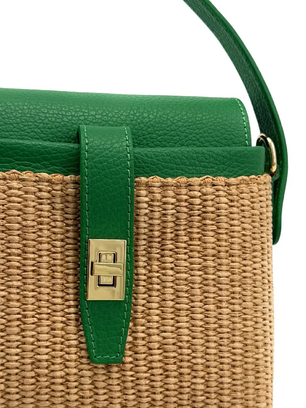 Mini-sac à main en cuir et raphia SIENNA Vert anglais - Image 5