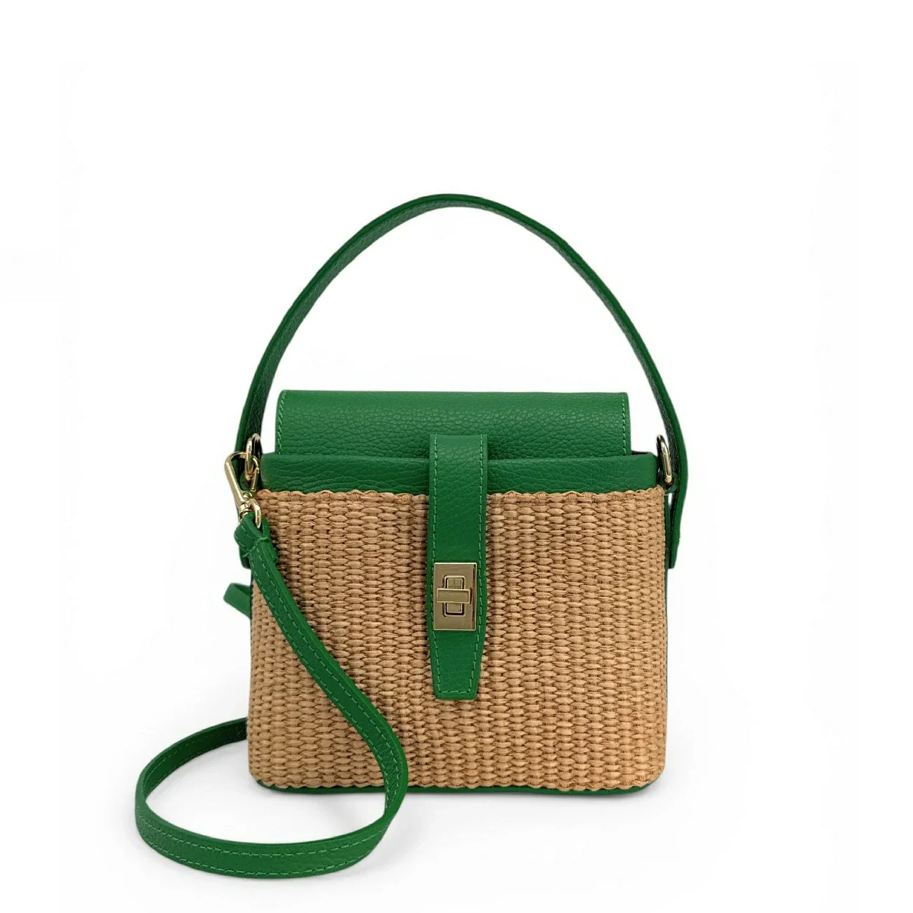 Mini-sac à main en cuir et raphia SIENNA Vert anglais - Image 7