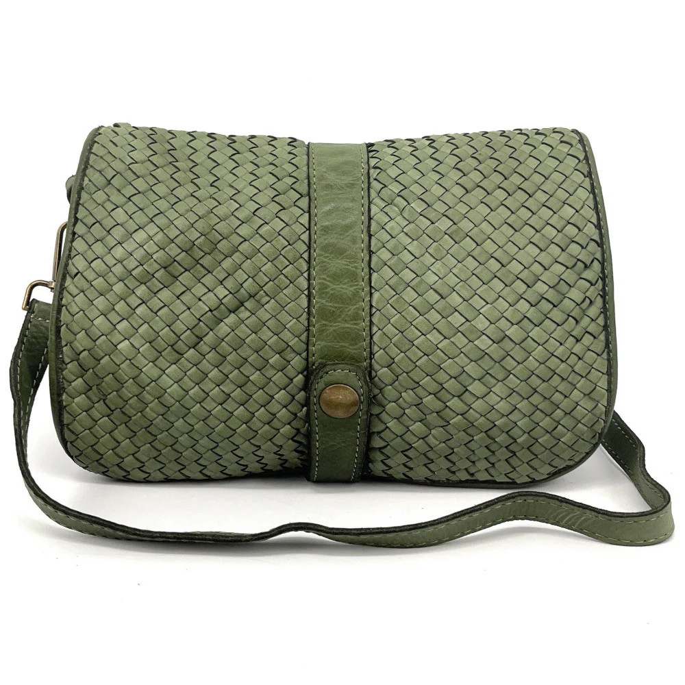 Sac besace à bandoulière en cuir tressé SHANNA Kaki - Image 3
