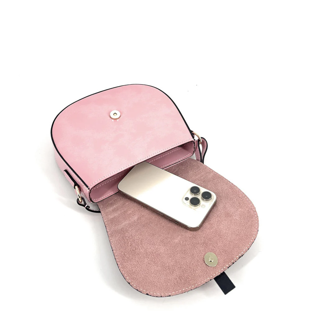 Mini-sac besace en cuir lisse et daim MODELE H Rose bonbon - Image 4