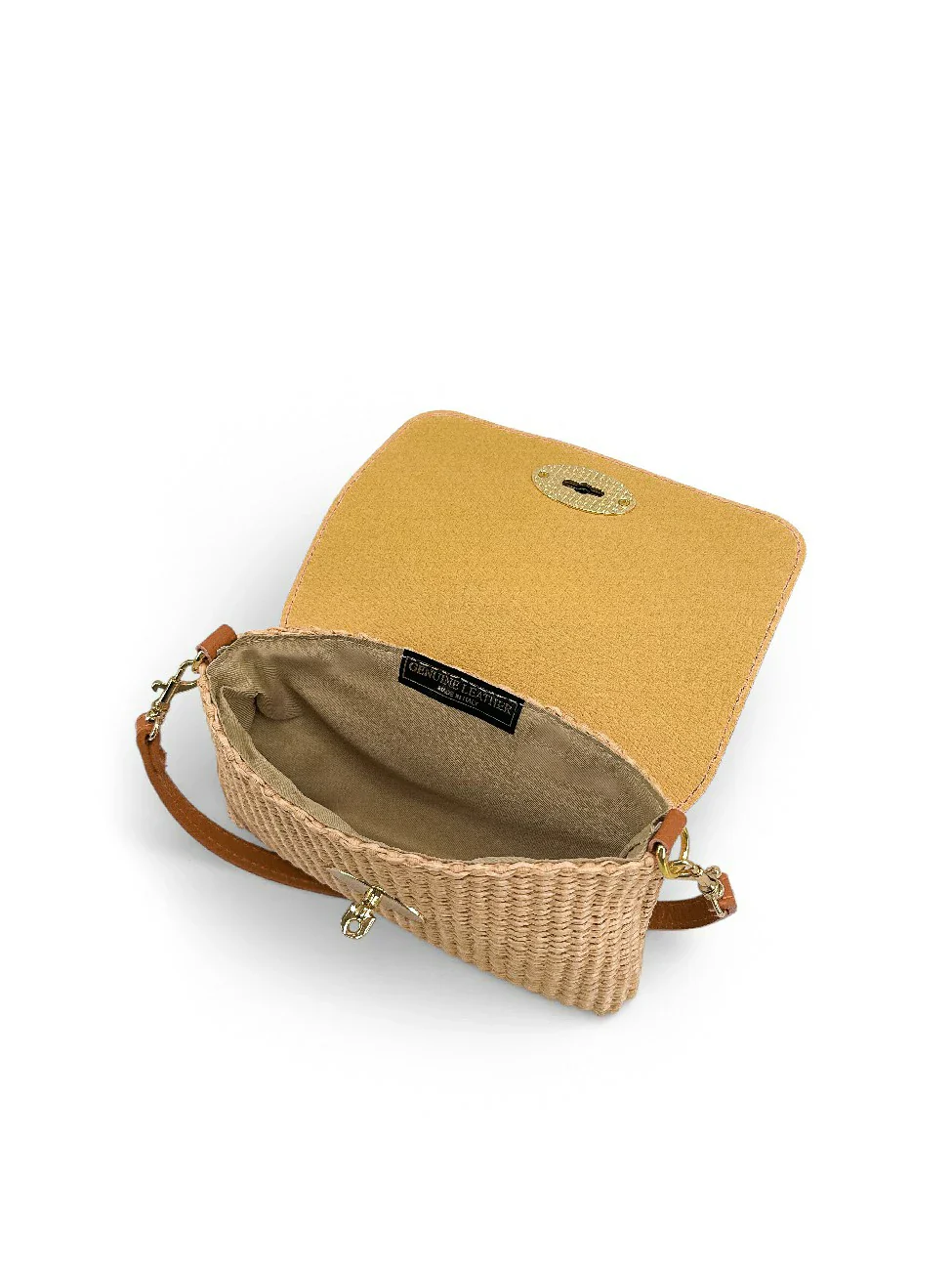 Mini sac en cuir grainé et Raphia BAHIA Camel foncé - Image 8