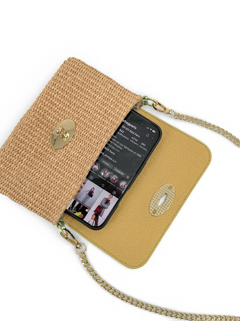 Mini sac en cuir grainé et Raphia BAHIA Matcha latte - Image 3