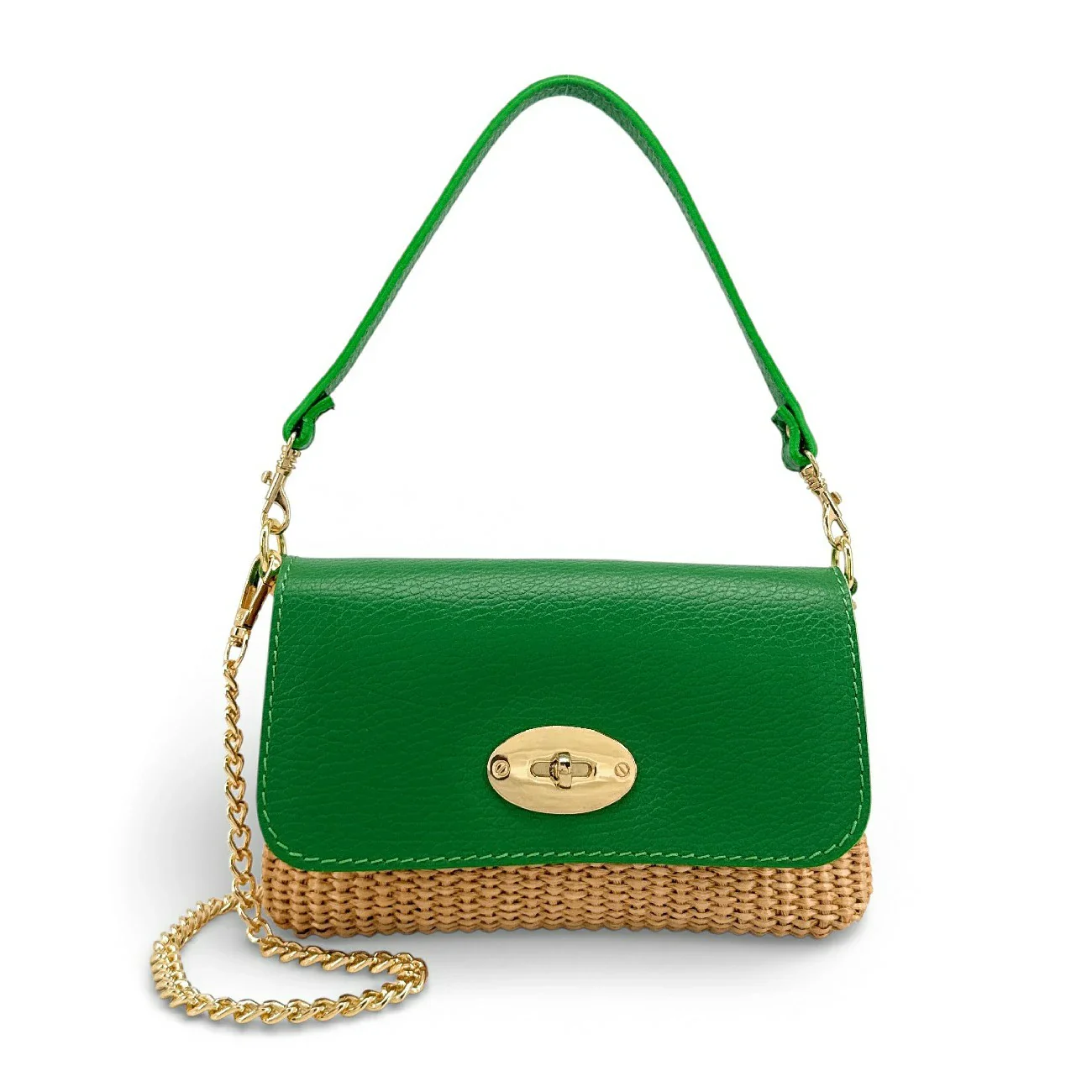 Mini sac en cuir grainé et Raphia BAHIA Vert anglais - Image 4