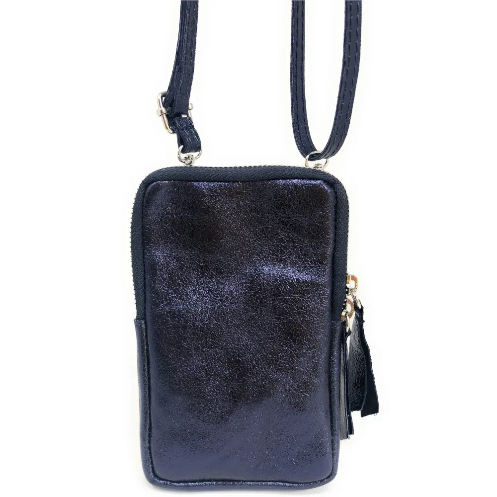 Pochette téléphone bandoulière en cuir irisé LOUVRE Bleu irisé - Image 3