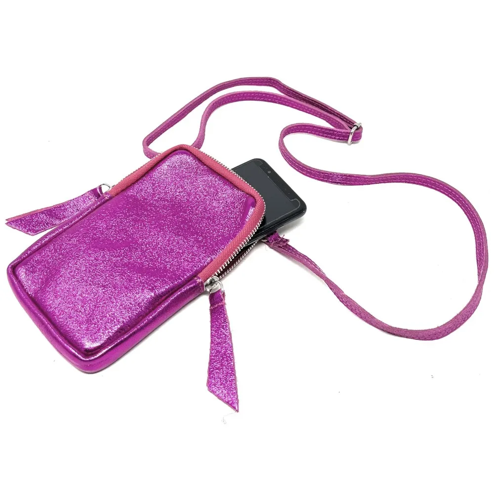 Pochette téléphone bandoulière en cuir irisé LOUVRE Fuchsia irisé - Image 4