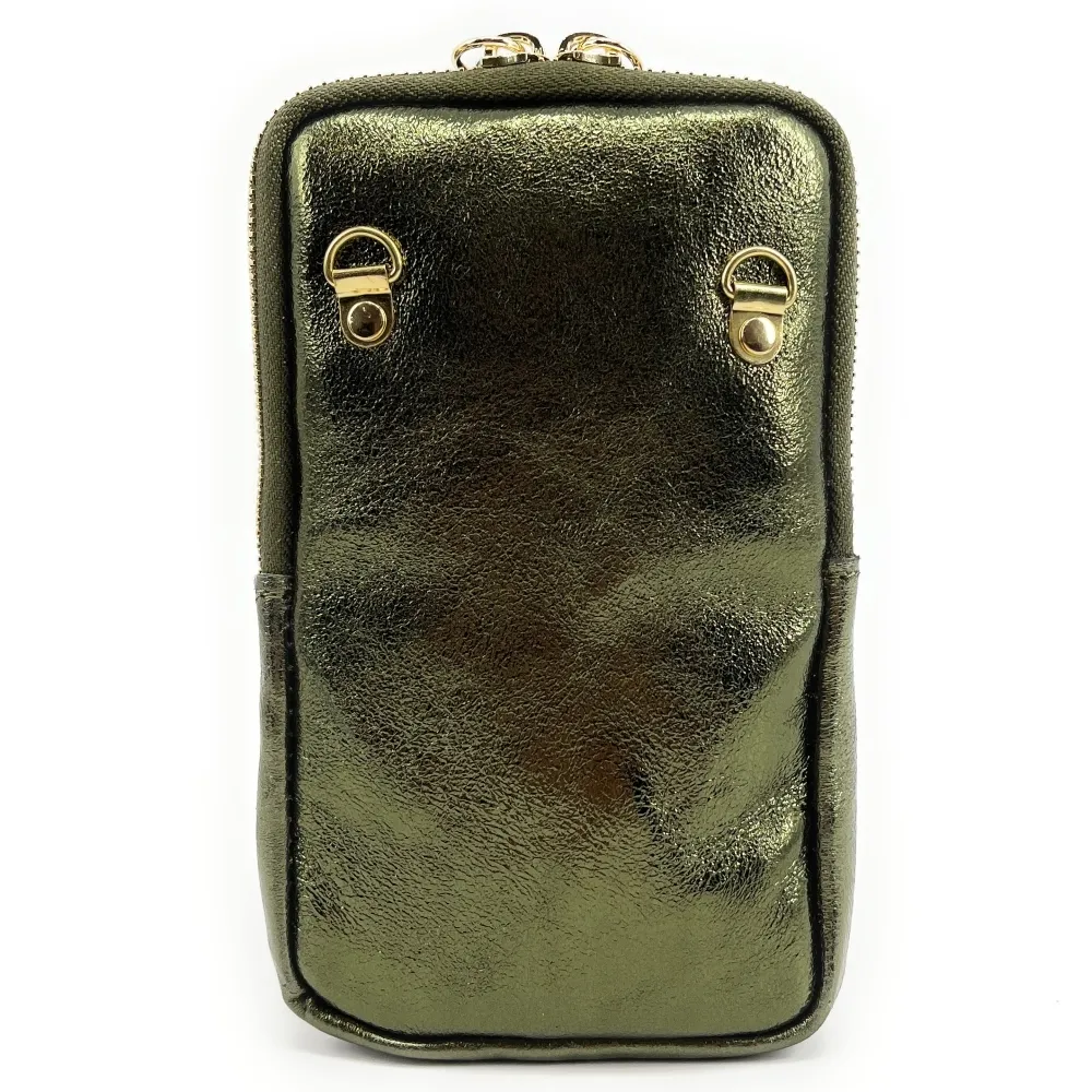 Pochette téléphone bandoulière en cuir irisé LOUVRE Kaki irisé - Image 3