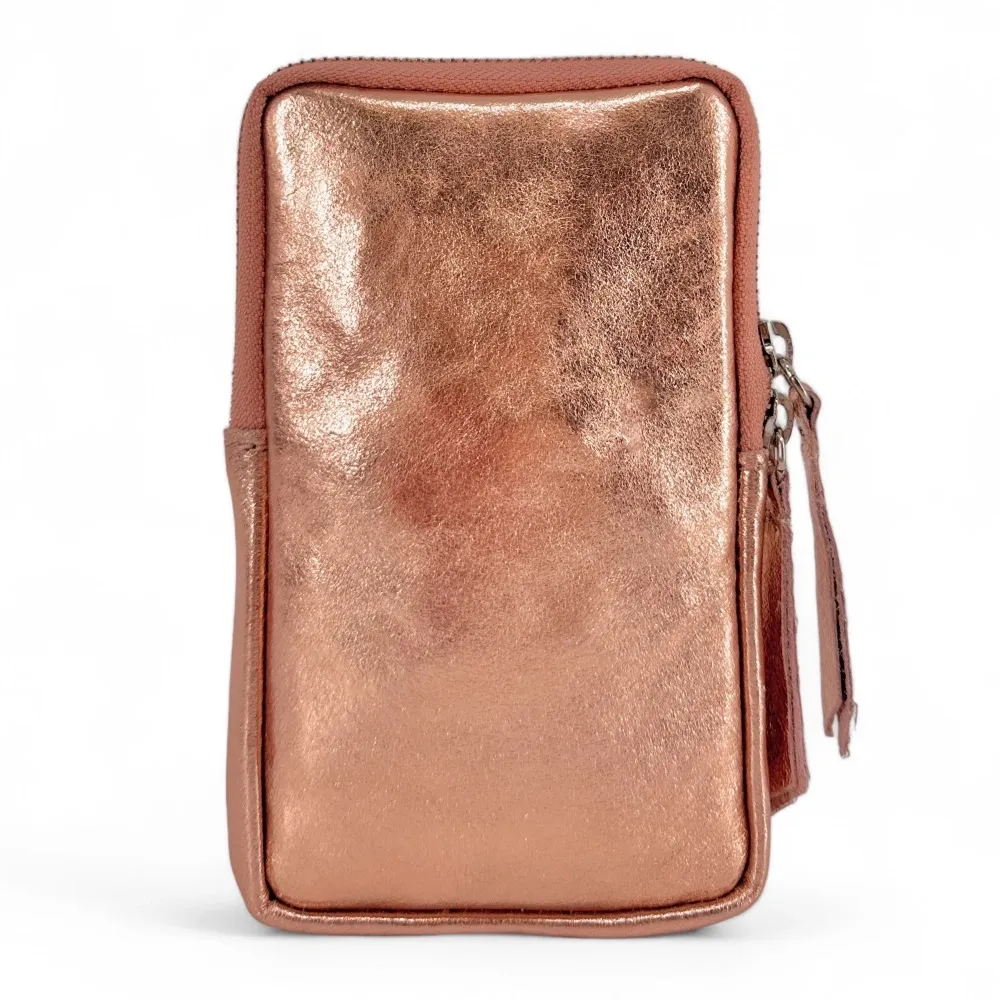 Pochette téléphone bandoulière en cuir irisé LOUVRE Rose gold - Image 4