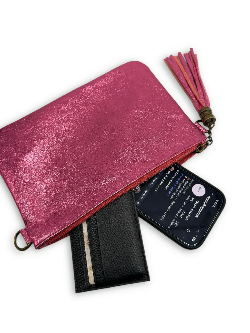 Sac pochette en cuir irisé MORGANE Rose néon - Image 3
