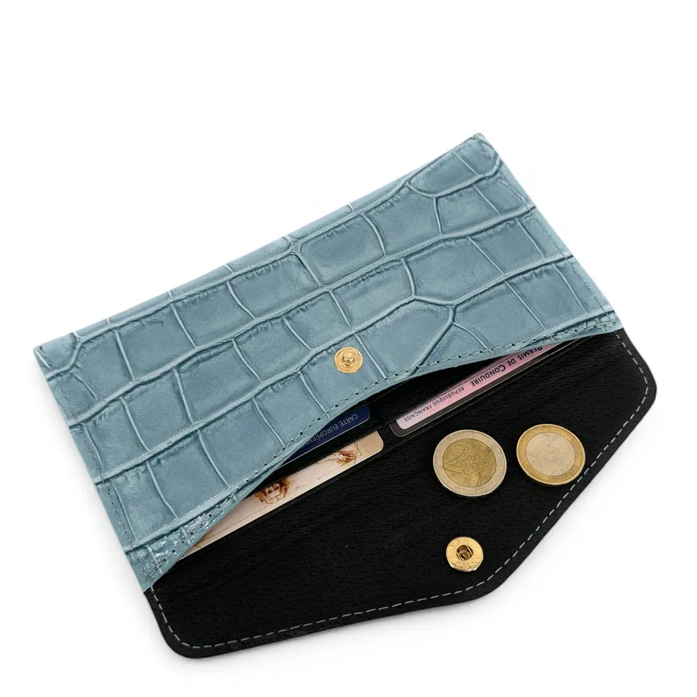 Pochette enveloppe en cuir façon crocodile CLOE CROCO Bleu glacier - Image 6