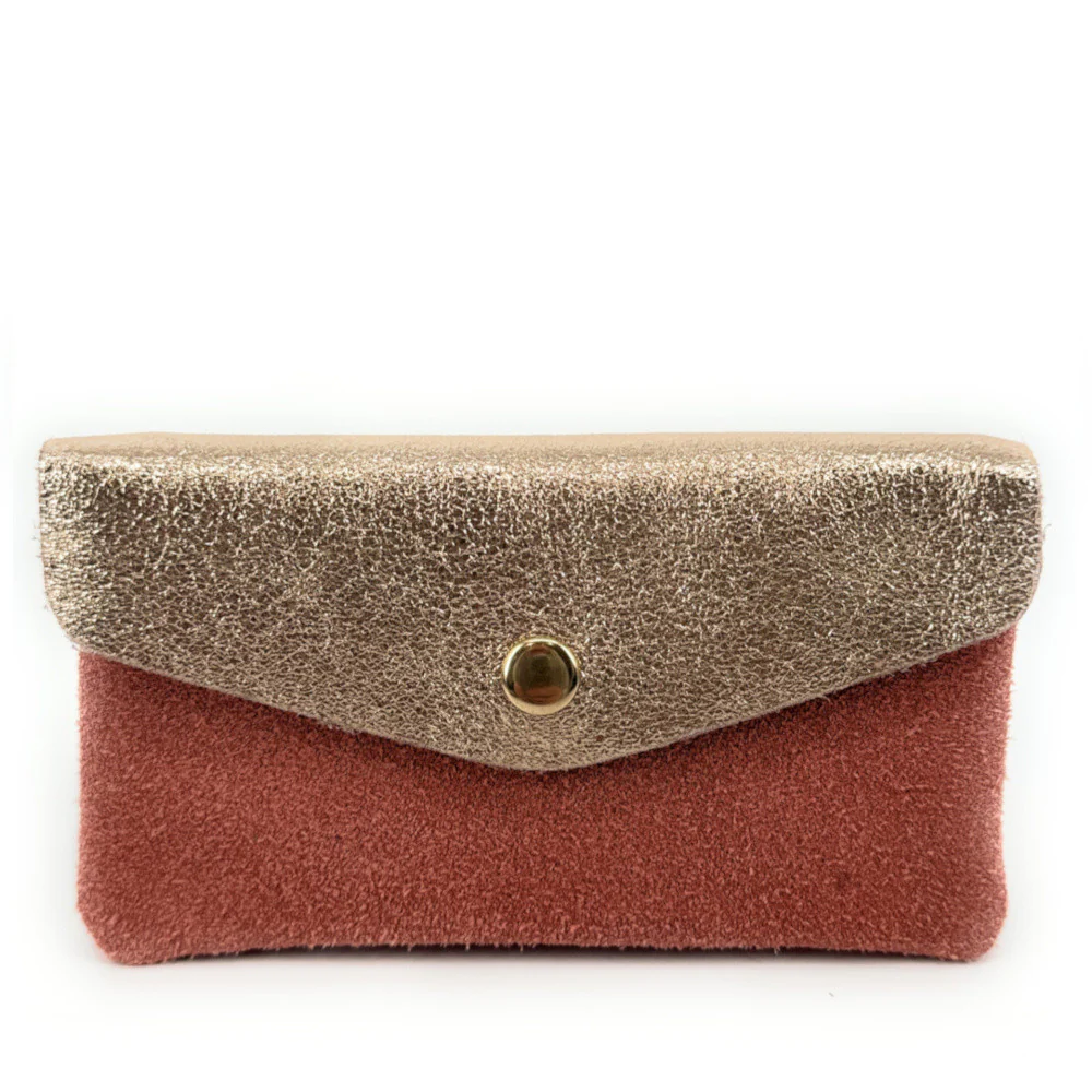 Pochette porte-monnaie en daim et cuir irisé COMBI Rose corail - Image 4