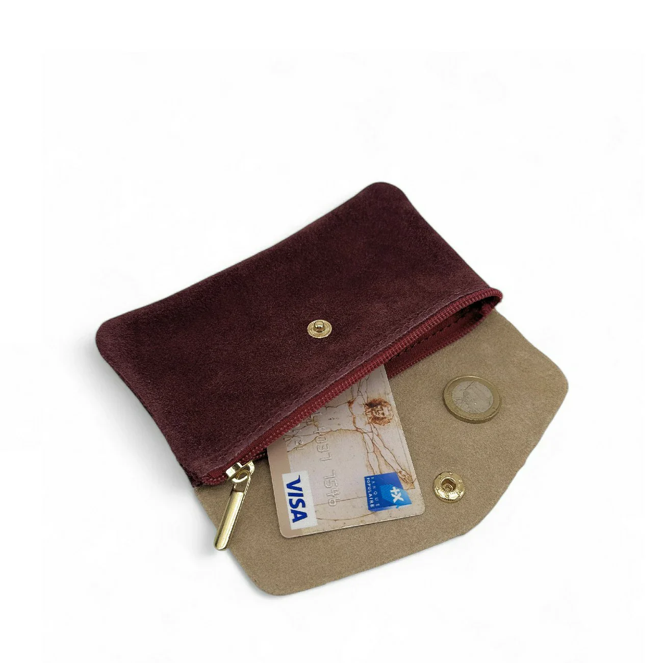 Pochette porte-monnaie en daim et cuir irisé COMBI Bordeaux - Image 2