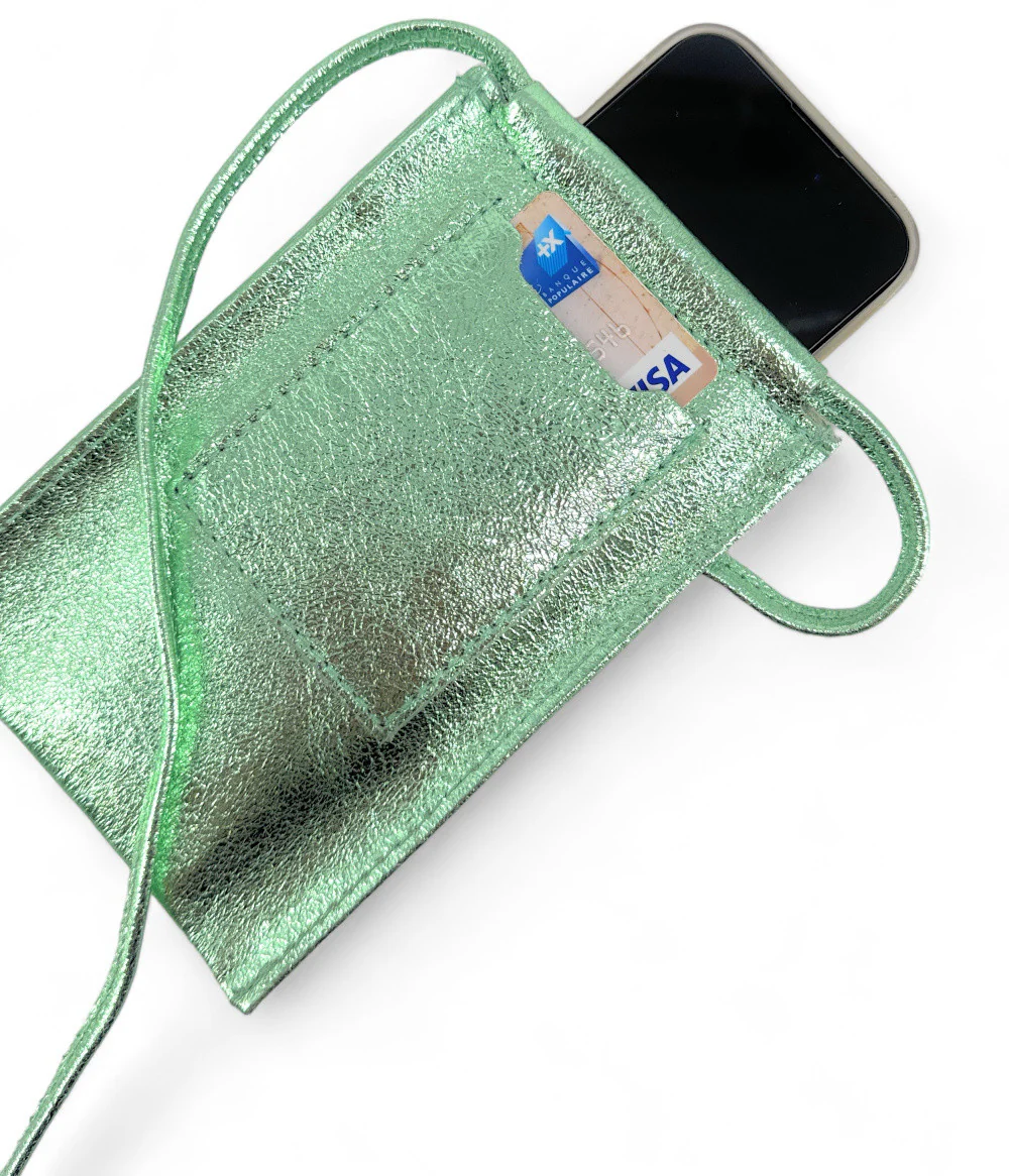 Pochette téléphone en cuir irisé EASY Vert Menthe givrée - Image 2