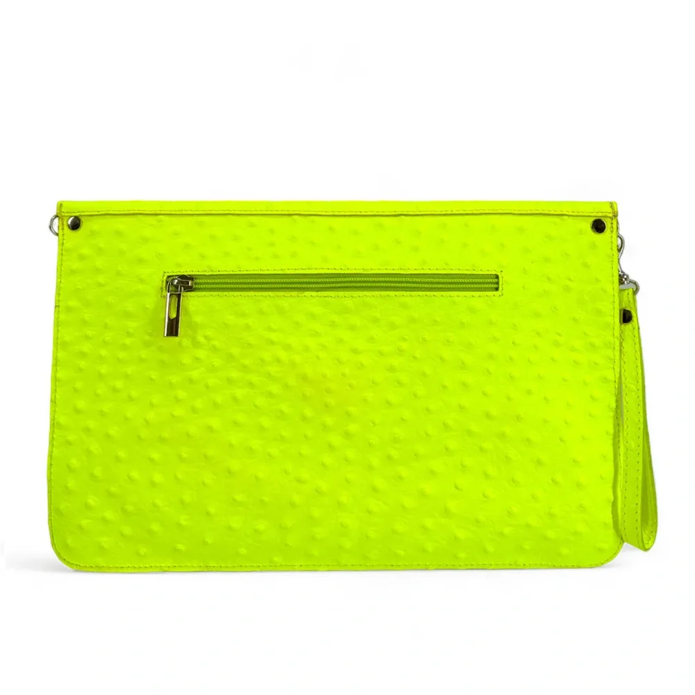 Pochette XL en cuir néon façon autruche IBIZA ROCKS Jaune fluo - Image 3