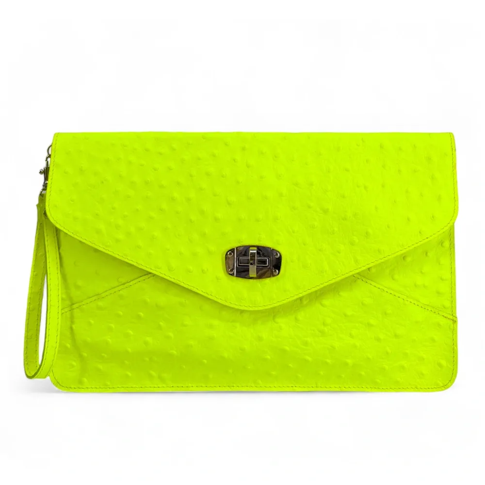 Pochette XL en cuir néon façon autruche IBIZA ROCKS Jaune fluo - Image 4