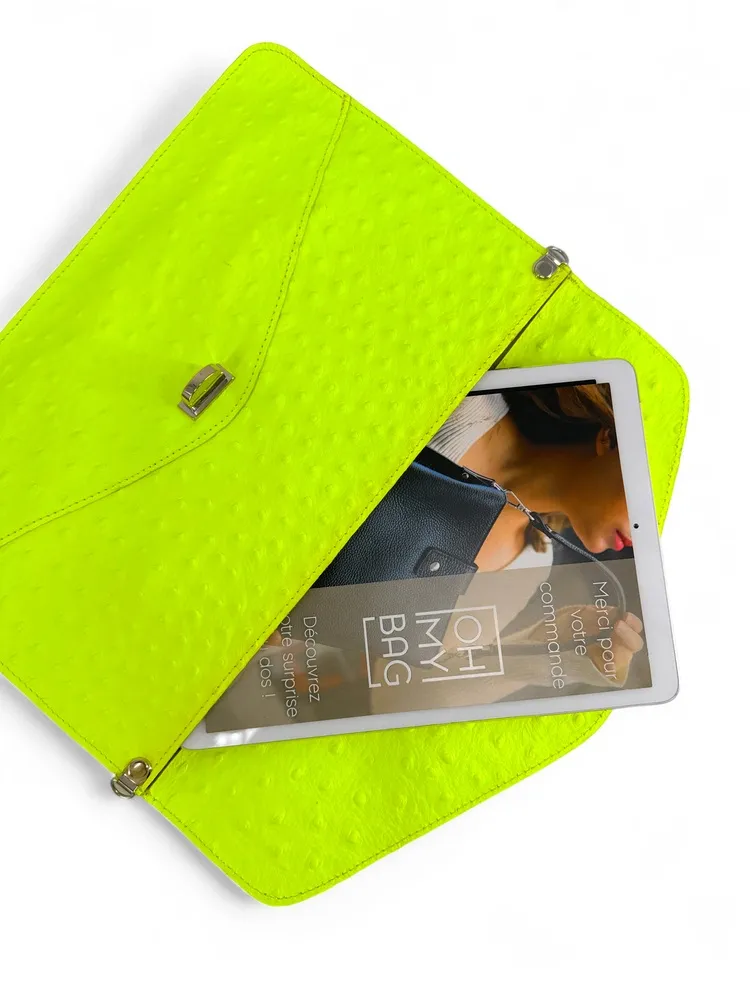 Pochette XL en cuir néon façon autruche IBIZA ROCKS Jaune fluo - Image 5