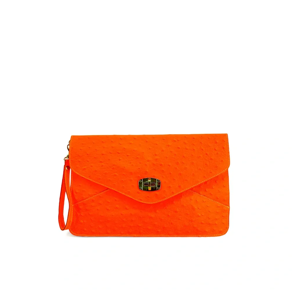 Pochette XL en cuir néon façon autruche IBIZA ROCKS Orange fluo
