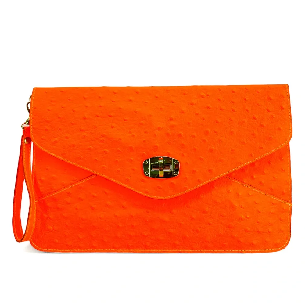 Pochette XL en cuir néon façon autruche IBIZA ROCKS Orange fluo - Image 4