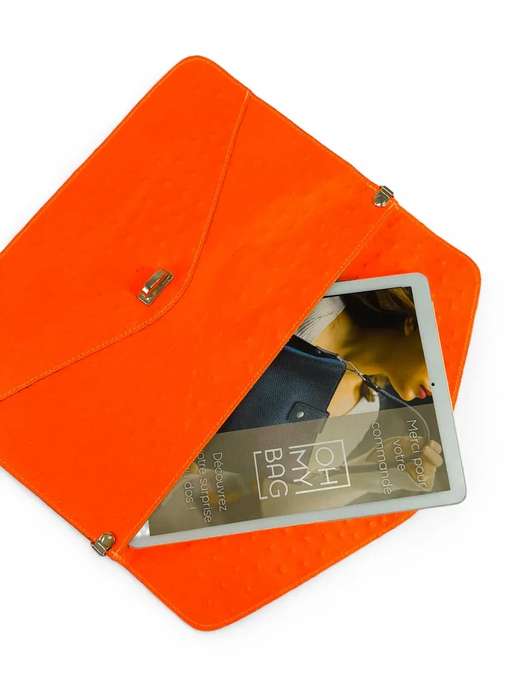 Pochette XL en cuir néon façon autruche IBIZA ROCKS Orange fluo - Image 5