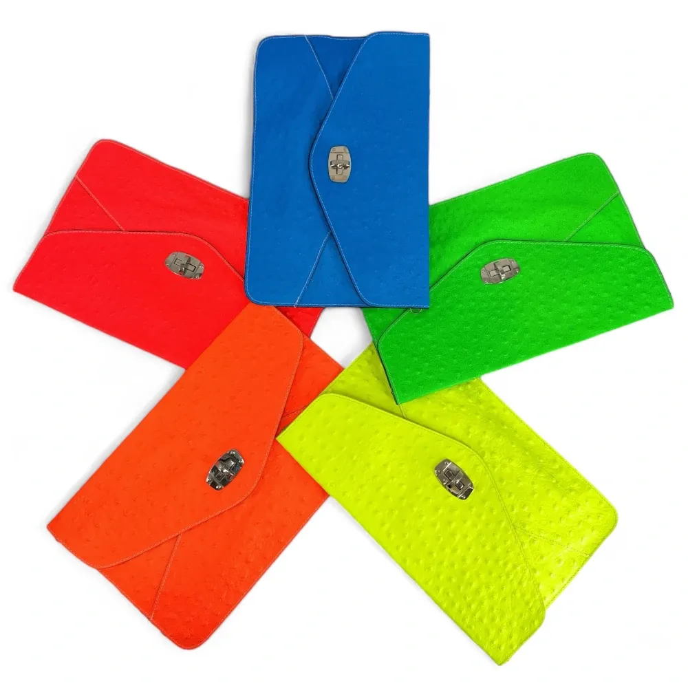 Pochette XL en cuir néon façon autruche IBIZA ROCKS Orange fluo - Image 7