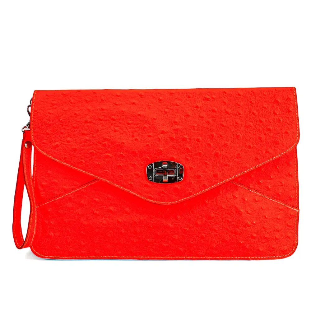 Pochette XL en cuir néon façon autruche IBIZA ROCKS Rose fluo - Image 4