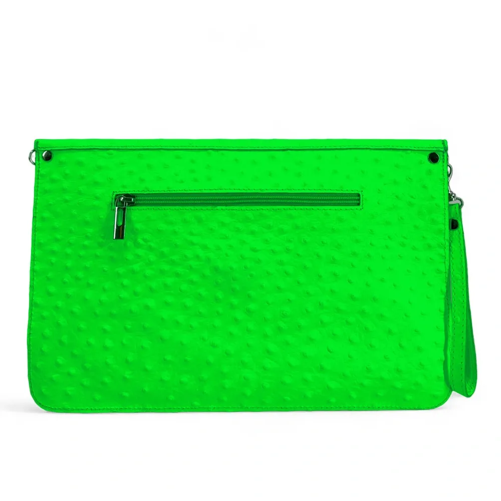 Pochette XL en cuir néon façon autruche IBIZA ROCKS Vert fluo - Image 3
