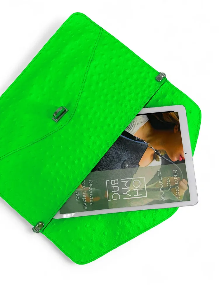 Pochette XL en cuir néon façon autruche IBIZA ROCKS Vert fluo - Image 5