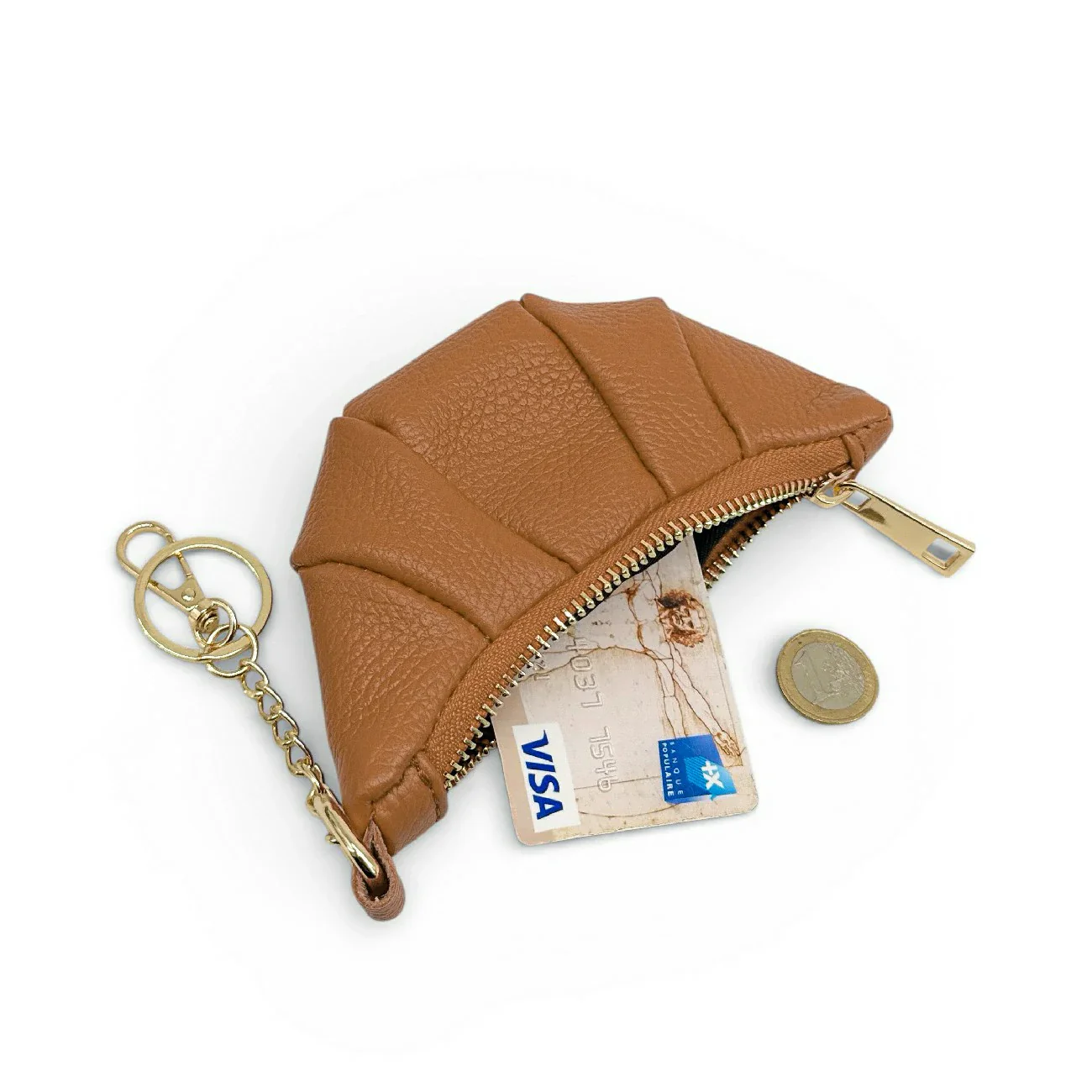 Porte-clés en cuir grainé CROISSANT Marron camel - Image 3