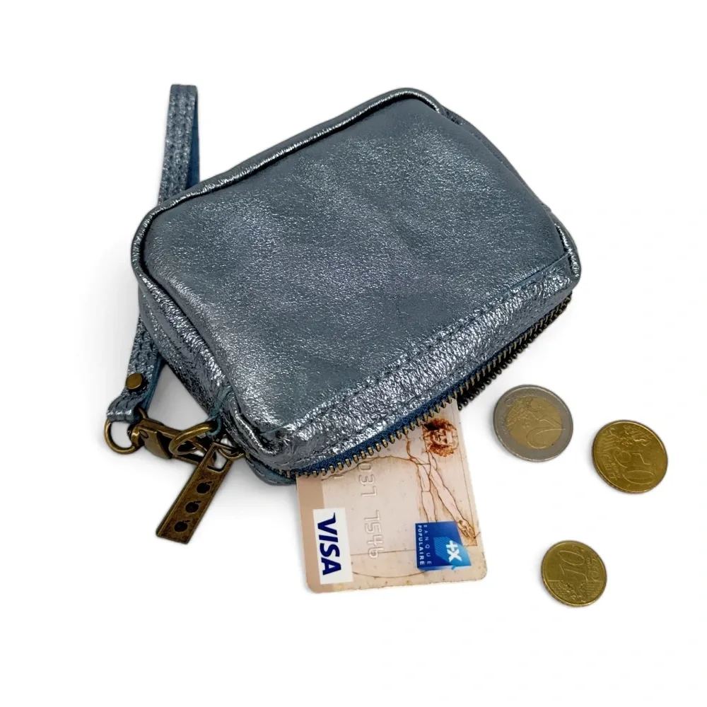 Porte-monnaie avec dragonne en cuir irisé CATCHY Bleu céleste - Image 4