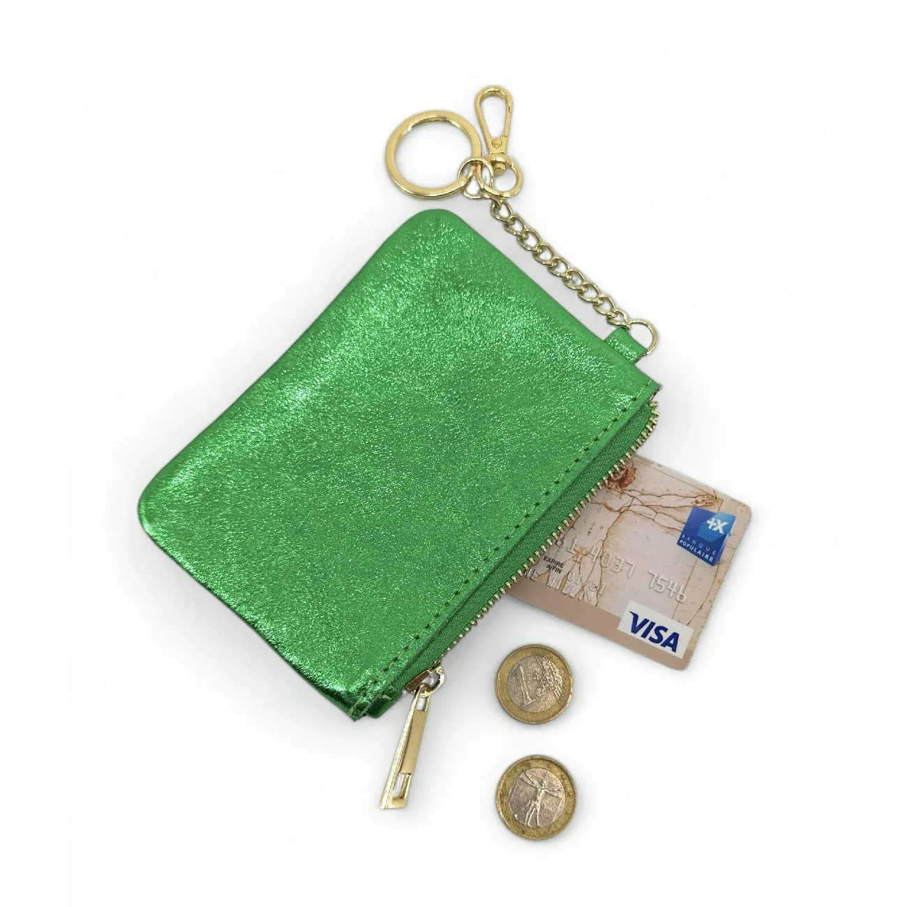Porte-monnaie porte-clés en cuir irisé POCKET GLOW Vert anglais - Image 3