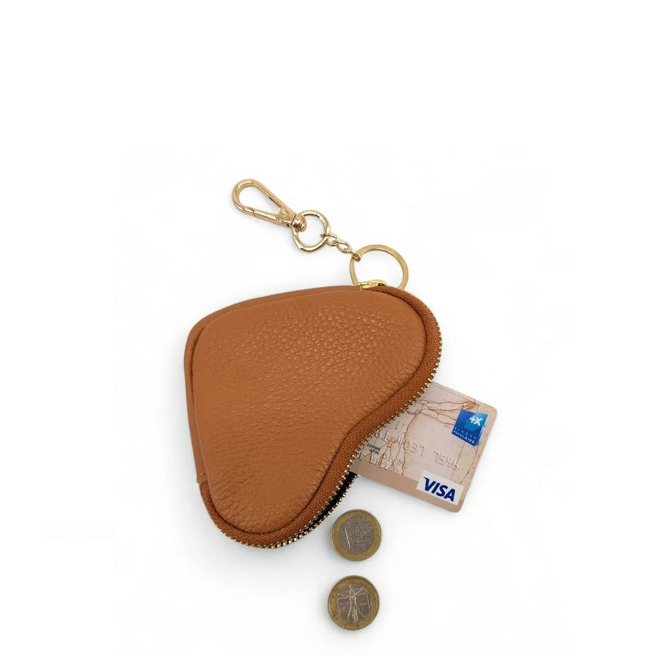Porte-monnaie porte-clés en cuir grainé SWEETIE Camel foncé - Image 4