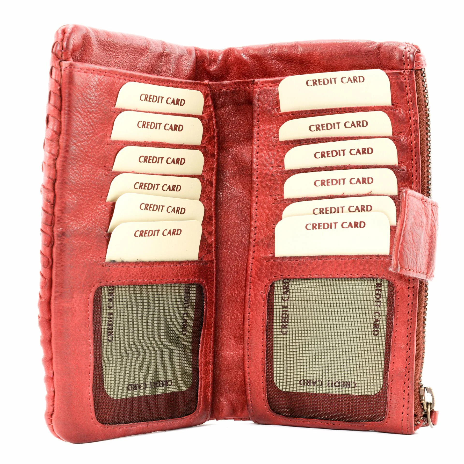 Portefeuille porte-monnaie en cuir tressé NAZCA Rouge garance - Image 4
