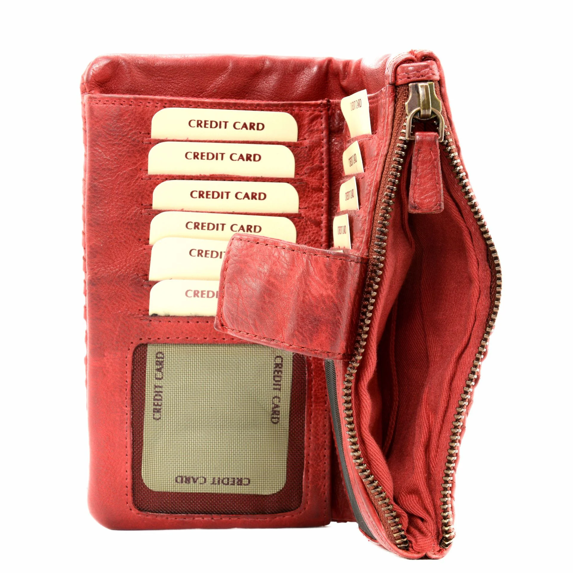 Portefeuille porte-monnaie en cuir tressé NAZCA Rouge garance - Image 5