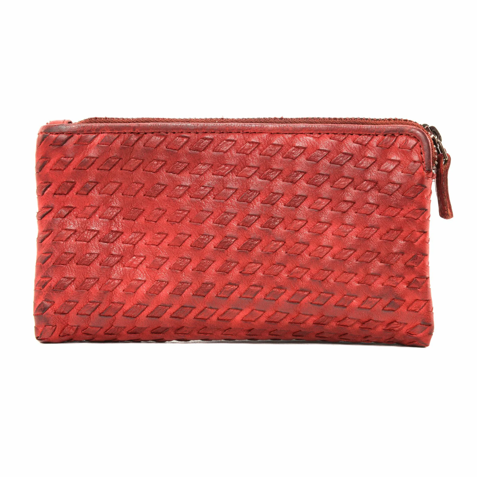 Portefeuille porte-monnaie en cuir tressé SAHARA Rouge garance
