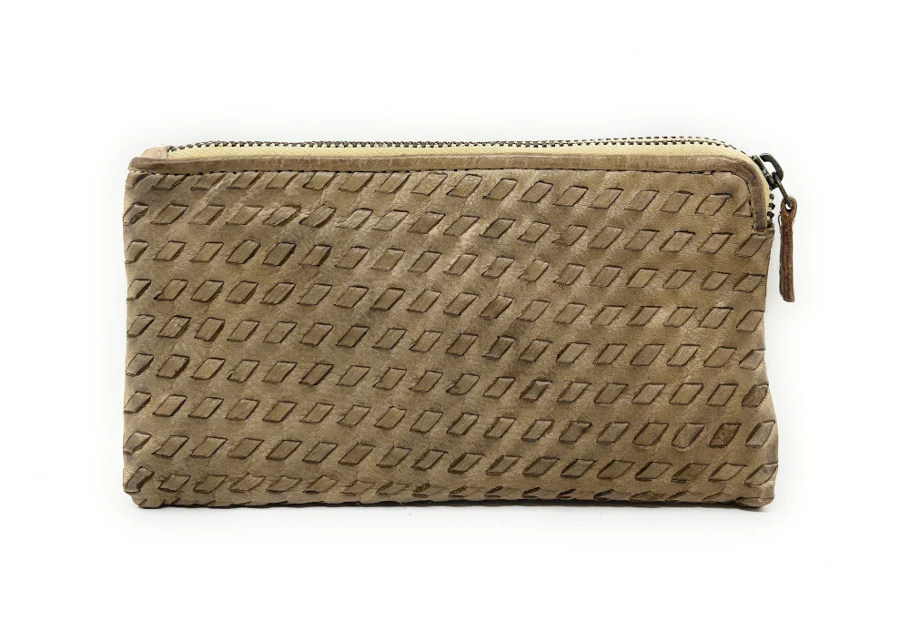 Portefeuille porte-monnaie en cuir tressé SAHARA Taupe clair