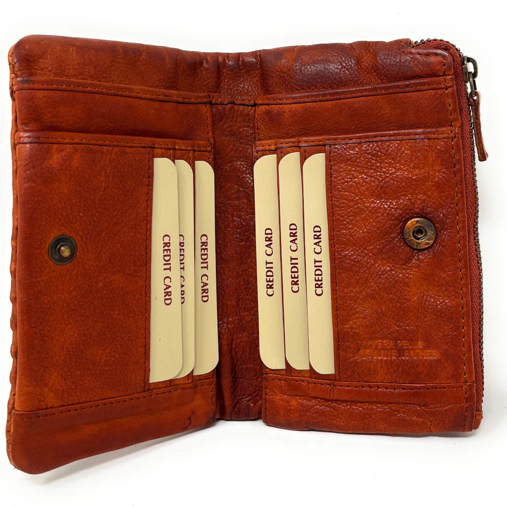 Portefeuille porte-monnaie en cuir tressé THAR Orange patiné - Image 5