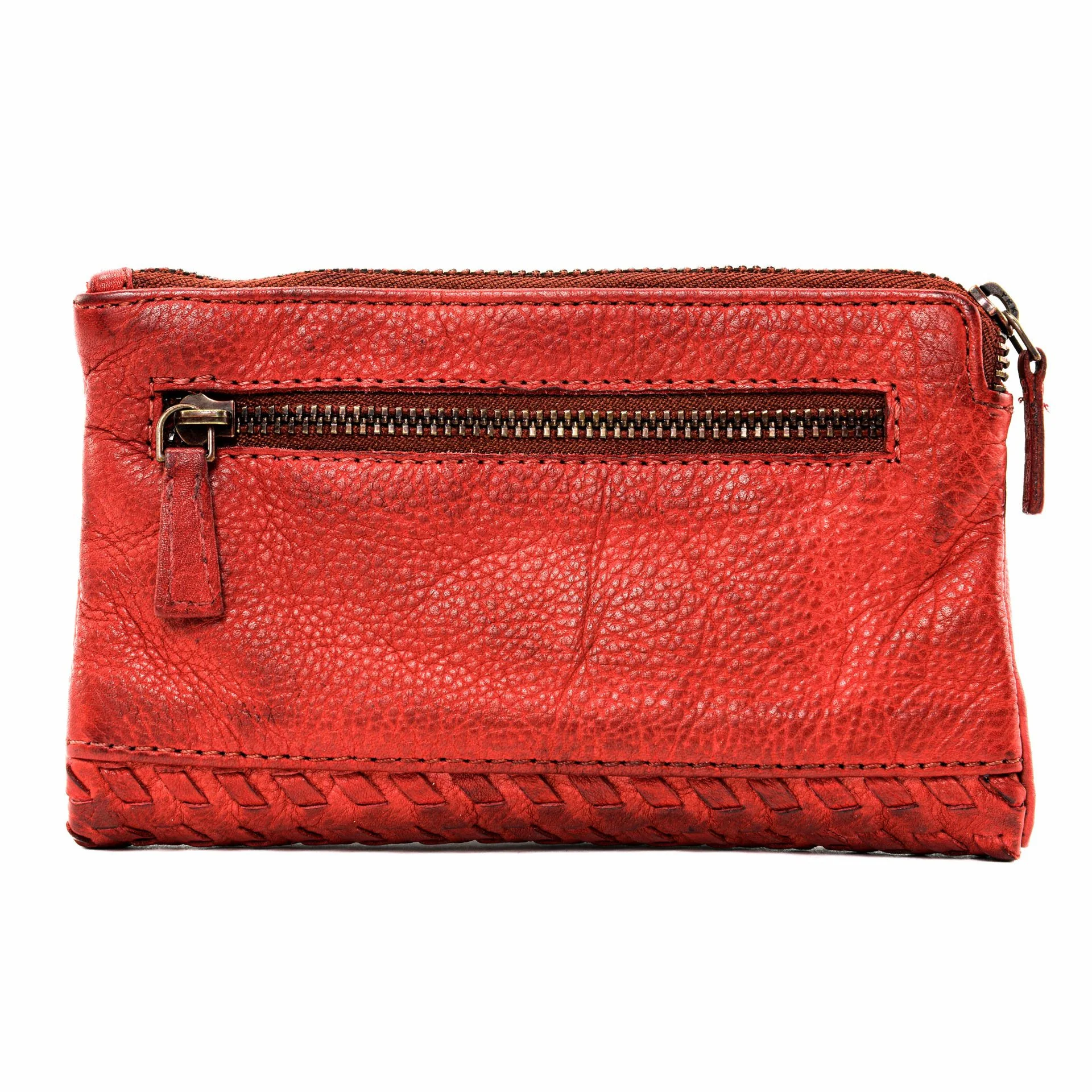 Portefeuille porte-monnaie en cuir tressé THAR Rouge garance - Image 2