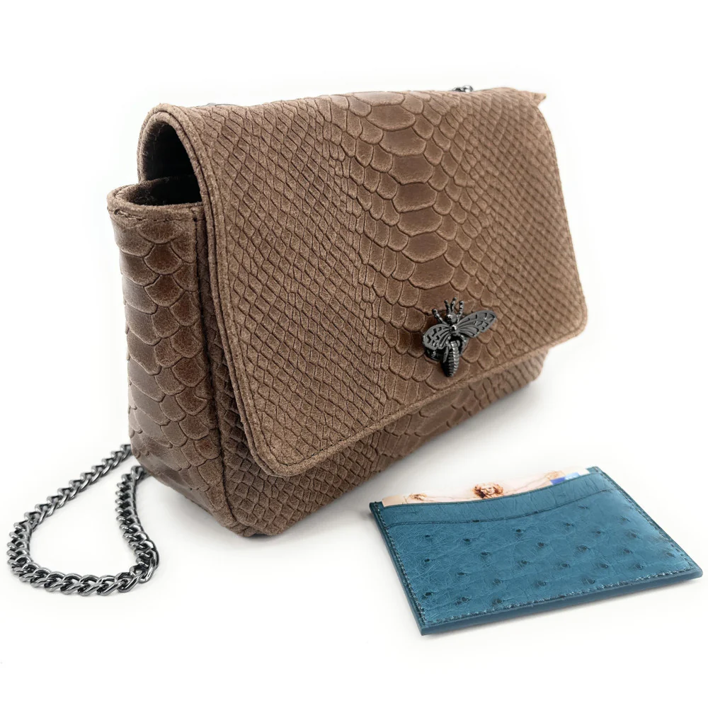Sac bandoulière en cuir embossé effet serpent HONEY Taupe foncé - Image 5