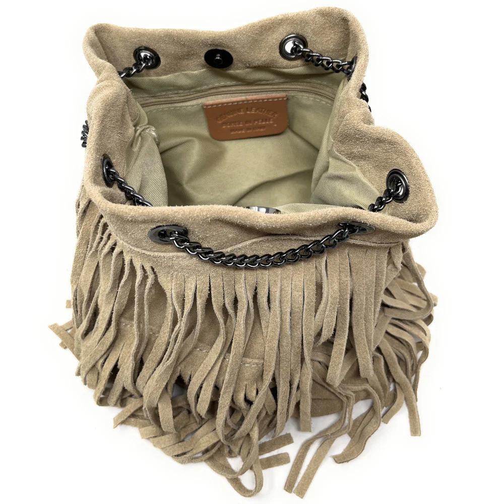 Sac à main à franges en daim TADI Taupe - Image 5